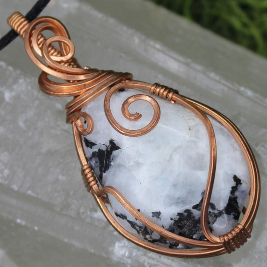 Rainbow Moonstone Wire Wrapped in Bare Copper