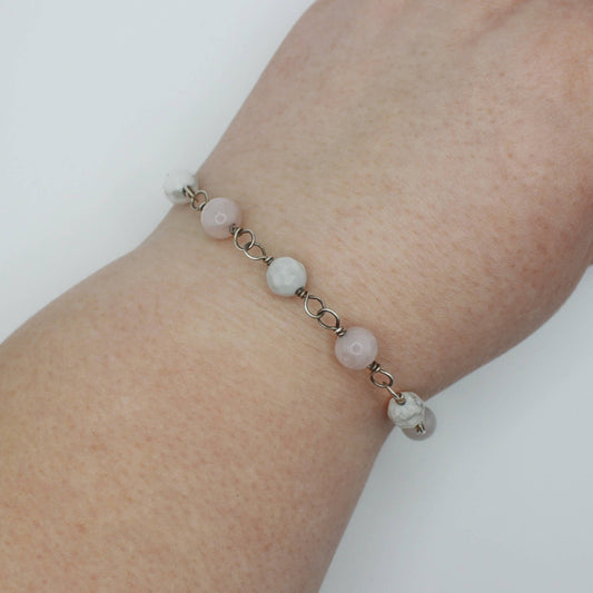 Howlite & Rose Quartz Bracelet in Antique Sterling Silver