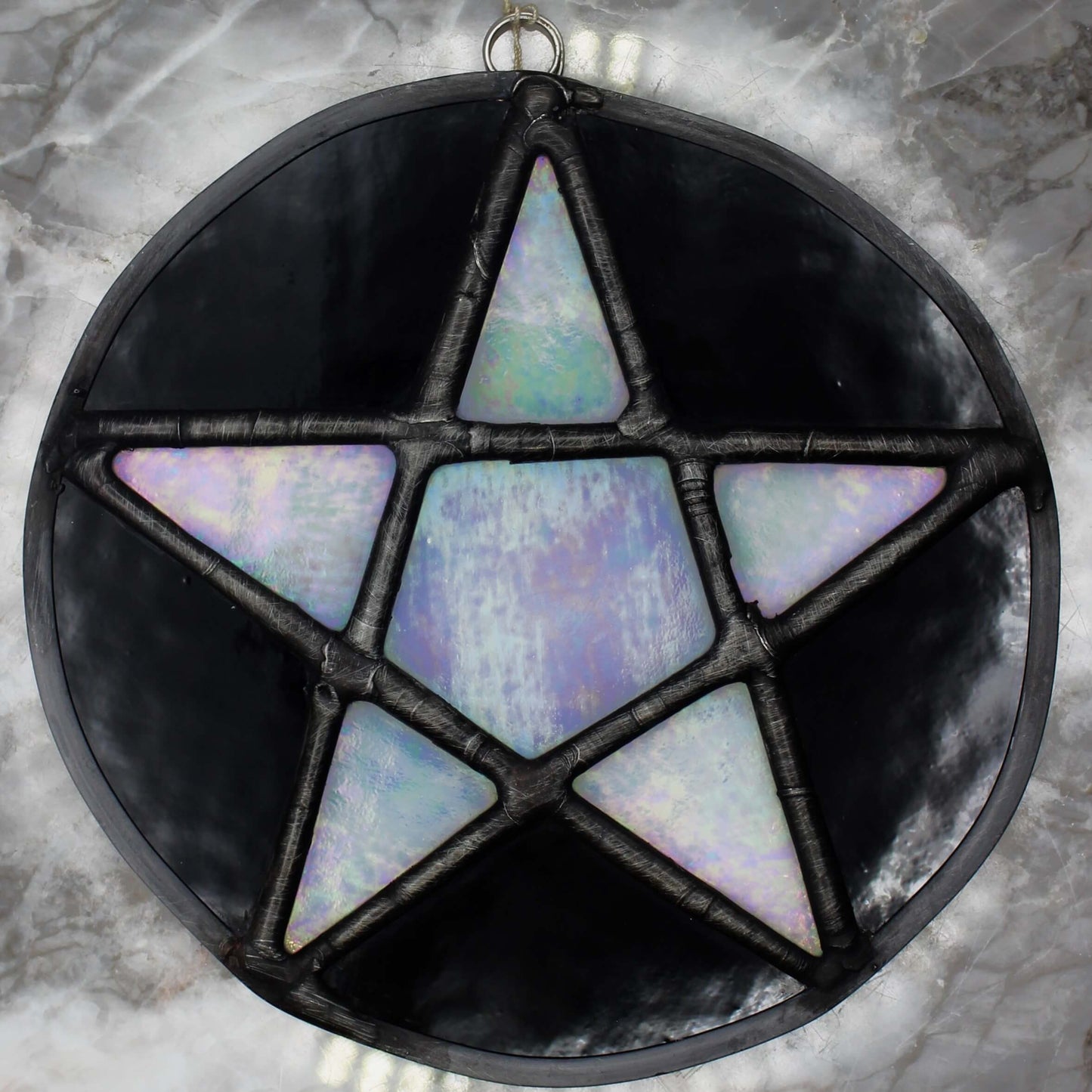 Pentacle Suncatcher - Black and White Iridescent Stained Glass