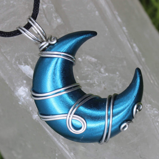 Blue and Silver Resin Moon Wire Wrapped Pendant