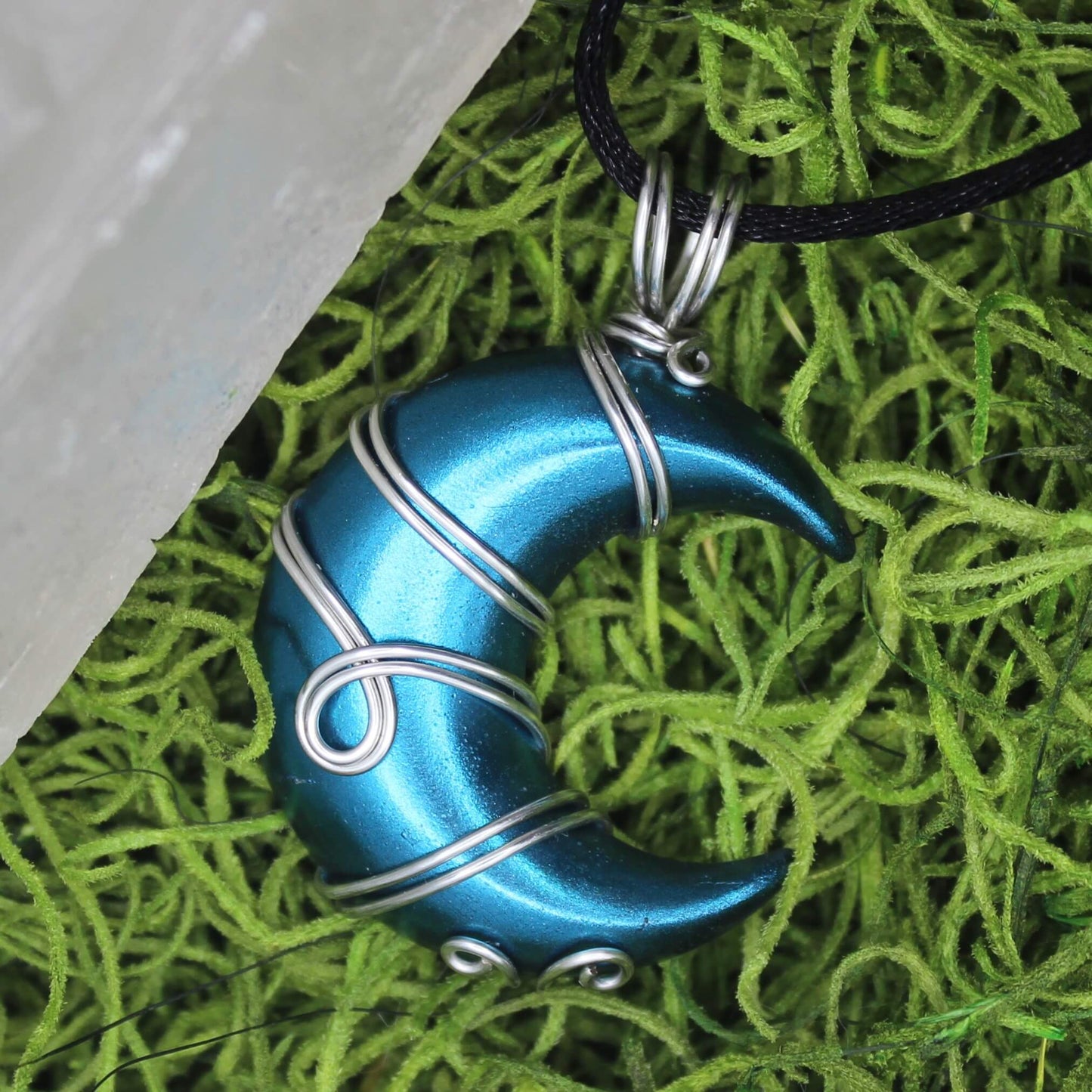 Blue and Silver Resin Moon Wire Wrapped Pendant