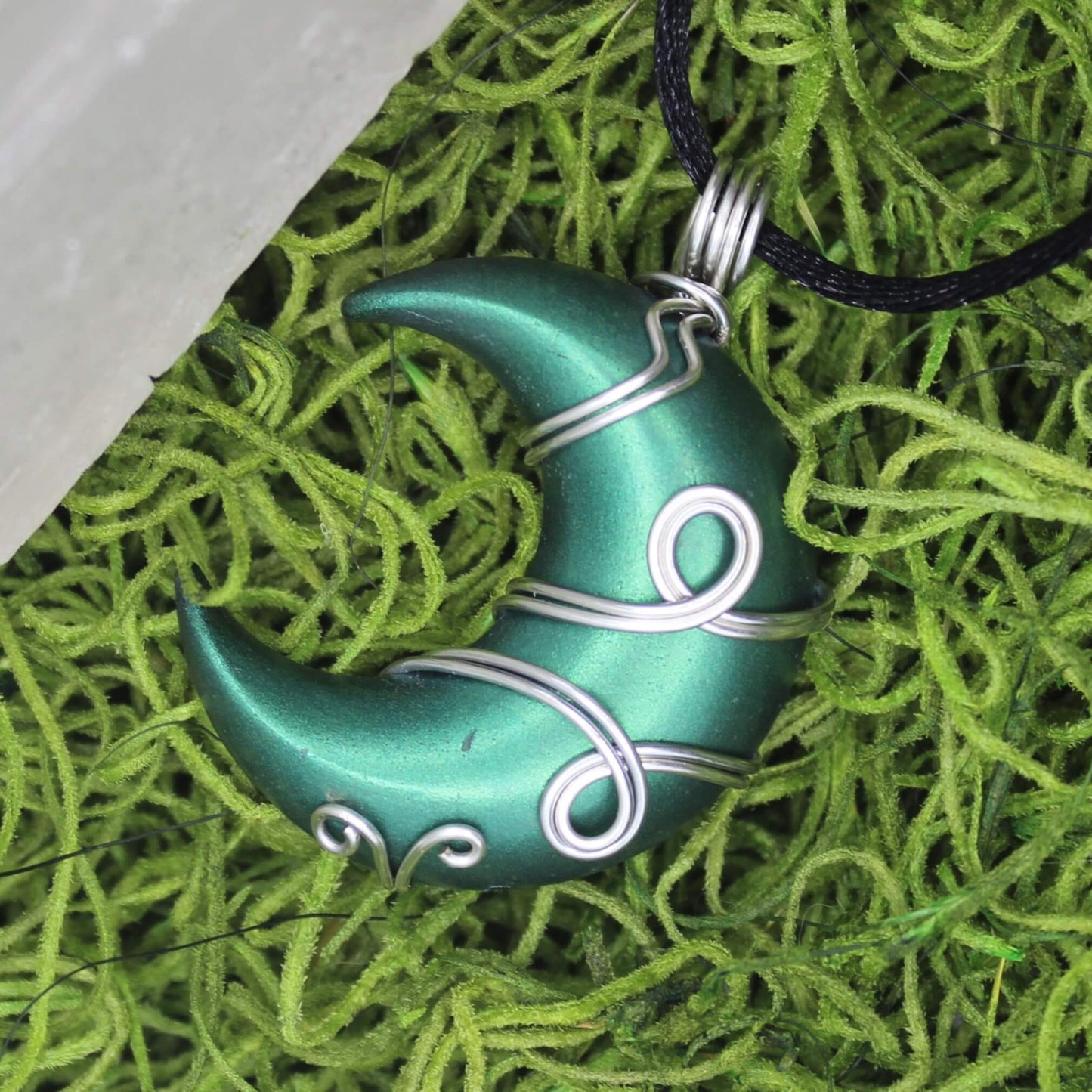 Green and Silver Resin Moon Wire Wrapped Pendant