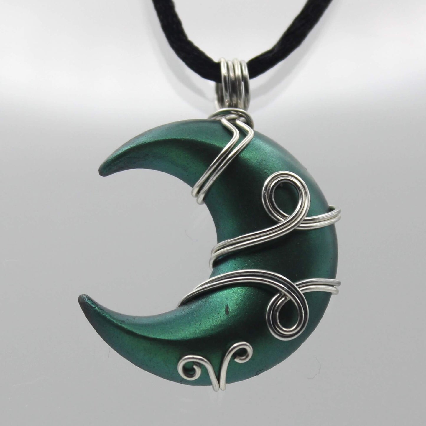 Green and Silver Resin Moon Wire Wrapped Pendant