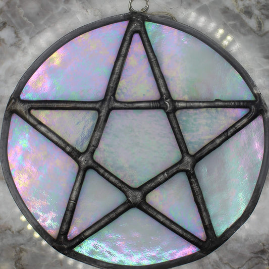 Pentacle Suncatcher - White Iridescent Stained Glass